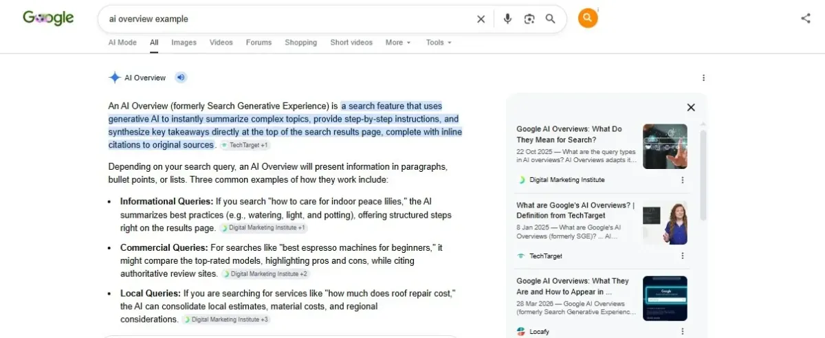 A Google AI Overview credits the sites it pulled from, shown in the panel on the right A Google AI Overview credits the sites it pulled from, shown in the panel on the right