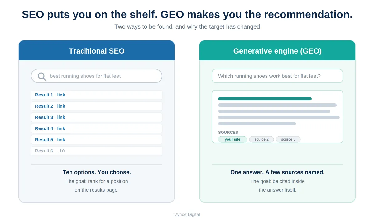 Side-by-side comparison showing traditional SEO returning ten ranked links for the user to choose from, versus a generative engine (GEO) writing one answer and citing a few sources including your site.