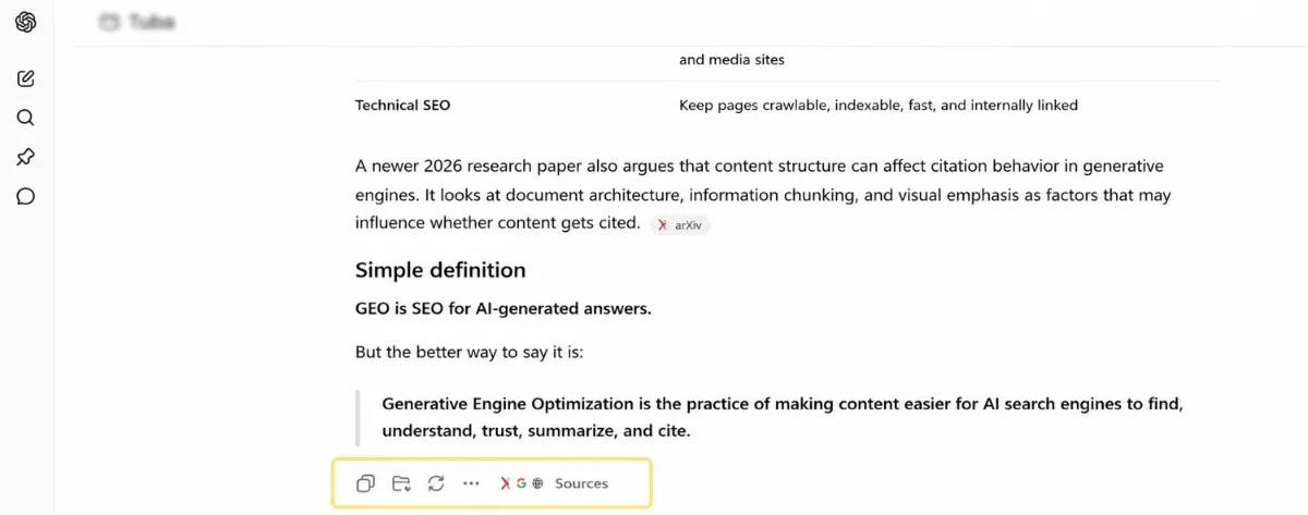 A ChatGPT answer defining generative engine optimization, with an inline arXiv citation and a row of cited sources beneath the response.