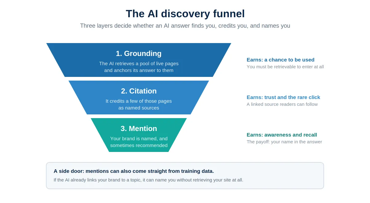 A three-layer funnel showing how an AI answer finds, credits, and names a brand: grounding at the top, where the AI retrieves a pool of live pages and anchors its answer to them; citation in the middle, where it credits a few of those pages as named sources; and mention at the bottom, where the brand is named and sometimes recommended. A note adds that mentions can also come straight from training data, without the AI retrieving the site.