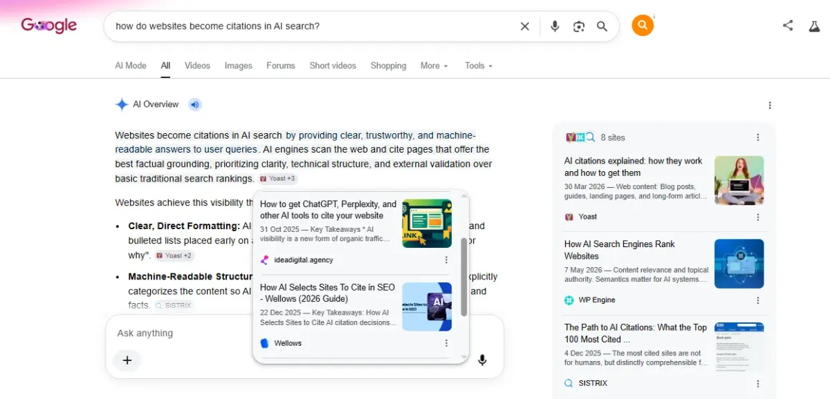 Google AI Overview answering "how do websites become citations in AI search," explaining Retrieval-Augmented Generation and three citation drivers, with a sidebar listing ten cited source pages