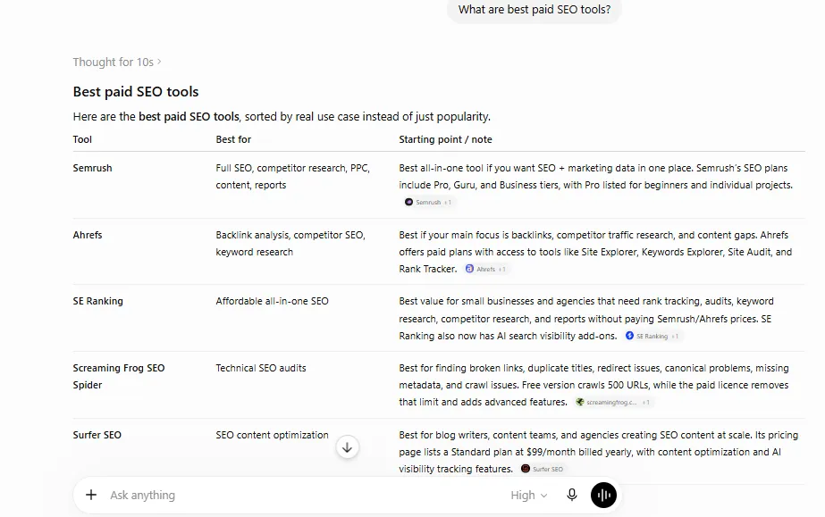 AI chat response to "What are best paid SEO tools?" showing a comparison table of Semrush, Ahrefs, SE Ranking, Screaming Frog, and Surfer SEO with their best use cases and pricing notes