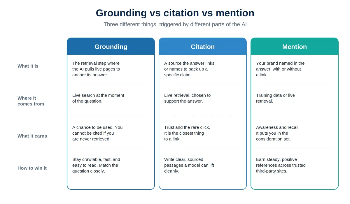 A comparison of grounding, citation, and mention across four rows: what each one is, where it comes from, what it earns, and how to win it. Grounding is the retrieval step that earns a chance to be used; citation is a credited source that earns trust and the rare click, and mention is the brand named in the answer that earns awareness and a place in the consideration set.