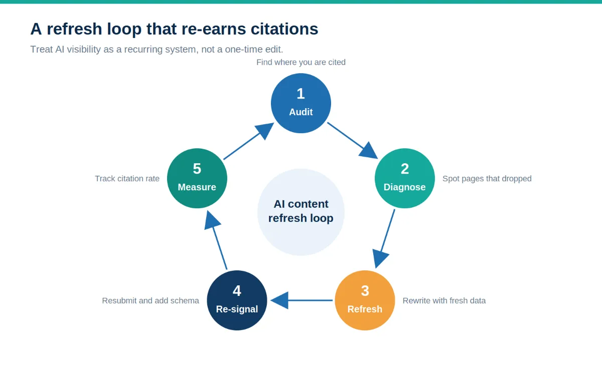 Five-step AI content refresh loop: audit, diagnose, refresh, re-signal, and measure citations.