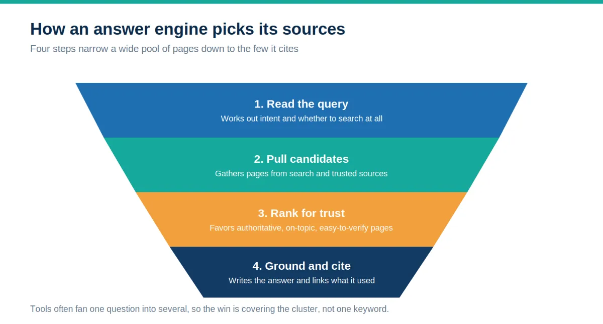 A downward funnel showing the four steps an answer engine runs, from reading the query and pulling candidates to ranking for trust and grounding the cited answer.