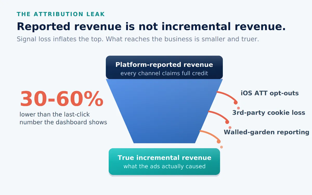 Funnel showing platform-reported revenue shrinking 30 to 60 percent through signal loss into true incremental revenue