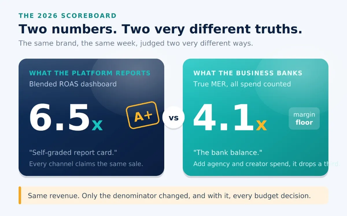 Split comparison of a platform-reported 6.5x ROAS beside a true 4.1x MER once all spend is counted.