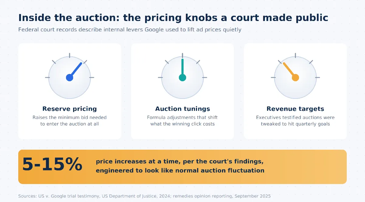 Illustration of three ad auction pricing knobs described in federal court records