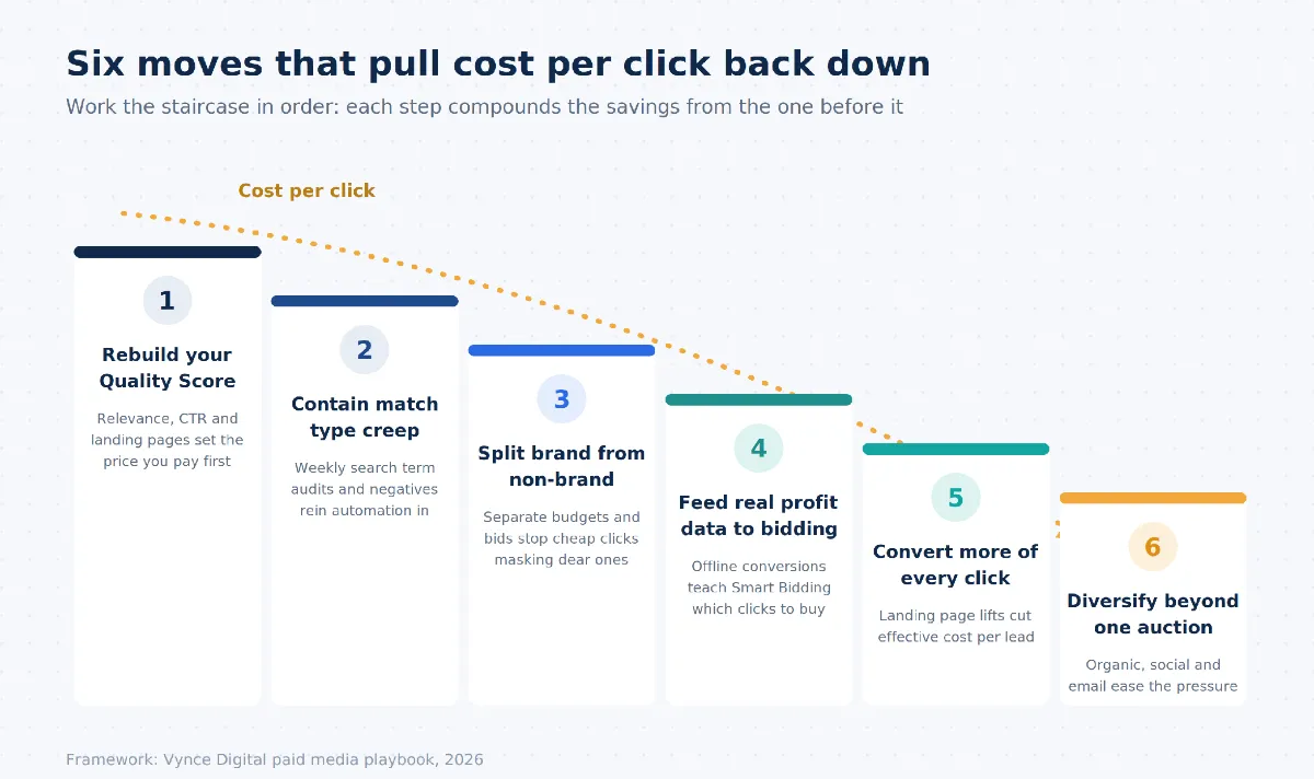 Staircase diagram of six steps that reduce Google Ads CPC