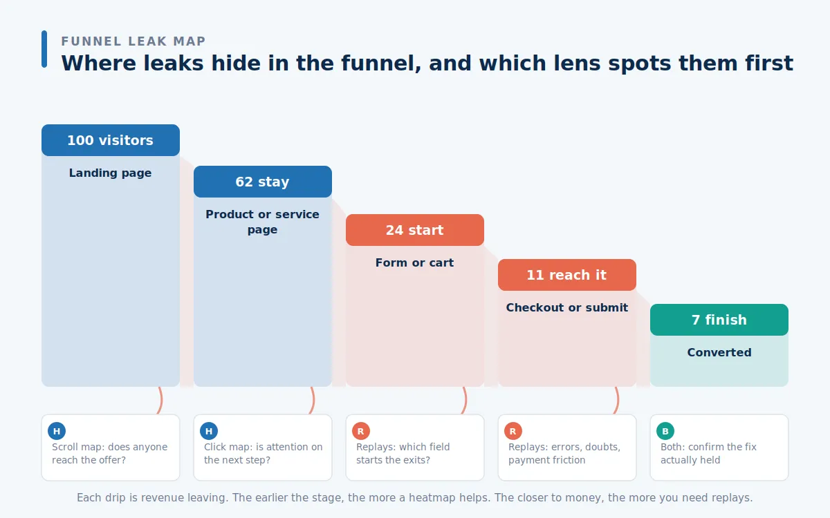 Five-stage funnel diagram mapping where conversion leaks appear and whether heatmaps or session recordings spot them at each stage.