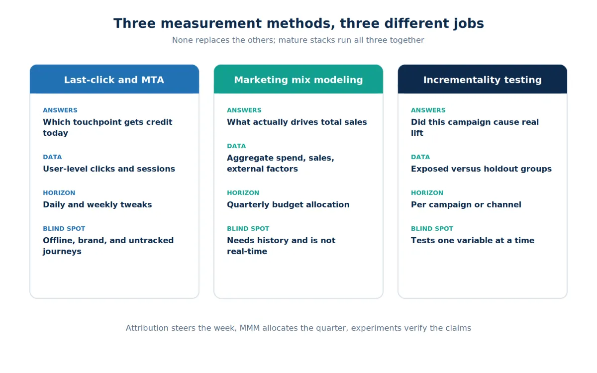 Comparison of last-click attribution, marketing mix modeling, and incrementality testing