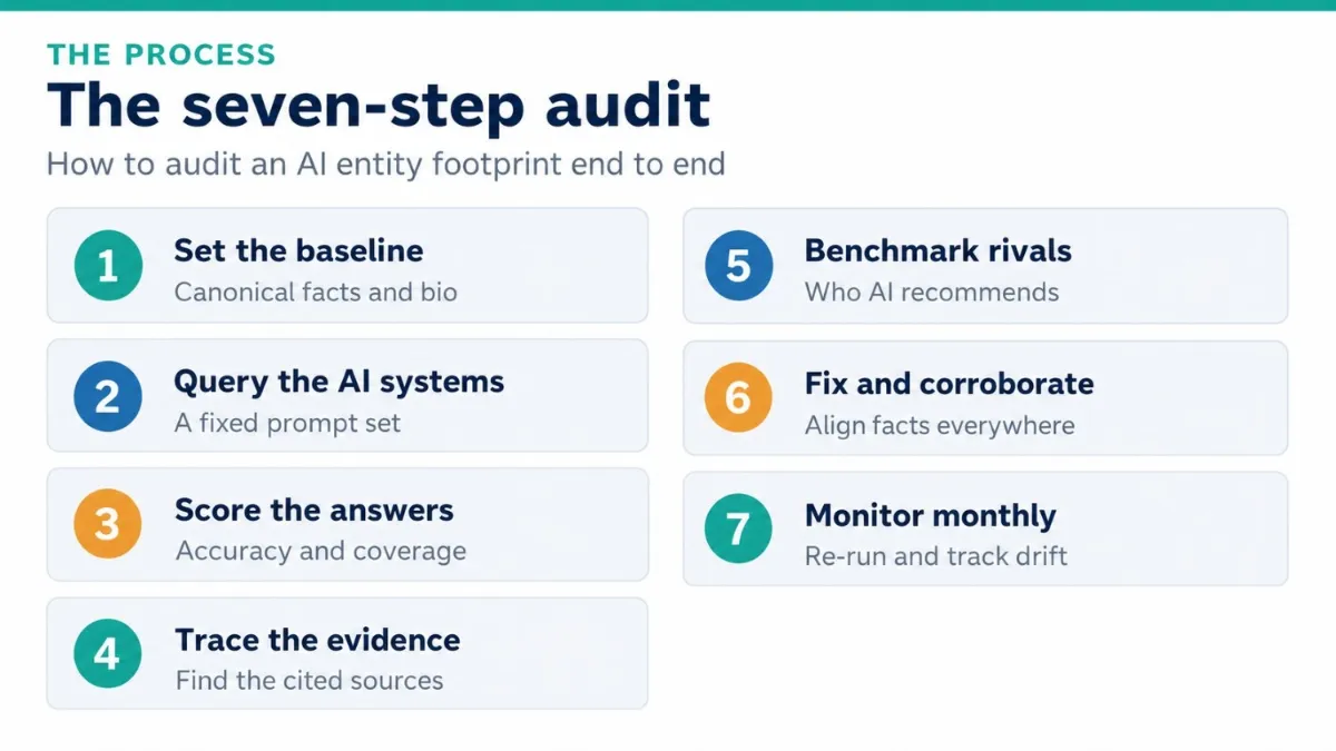Numbered seven-step process for auditing an AI entity footprint, moving from setting the entity baseline and querying AI systems through scoring answers, tracing evidence, benchmarking rivals, fixing and corroborating facts, and monthly monitoring.