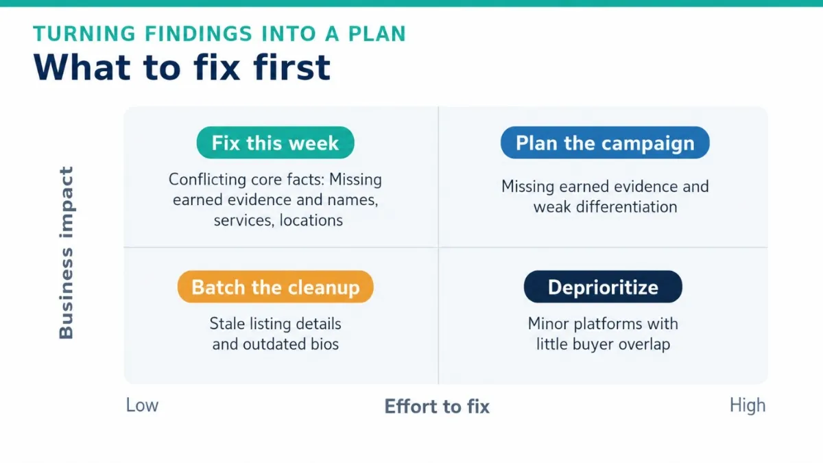Two-by-two priority matrix plotting business impact against effort to fix, recommending that conflicting core facts are fixed first, stale listings are batch cleaned, missing earned evidence becomes a planned campaign, and minor platforms are deprioritized.