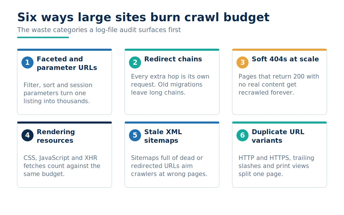 Card grid of six crawl budget waste sources arranged in three columns and two rows, covering faceted and parameter URLs, redirect chains, soft 404s at scale, rendering resources, stale XML sitemaps and duplicate URL variants, each with a numbered badge and a one-sentence explanation.