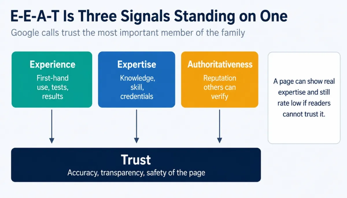 Diagram of Google's E-E-A-T framework showing experience, expertise, and authoritativeness as three blocks resting on a wider foundation labeled trust, with a note that a page can show real expertise and still rate low without trust.