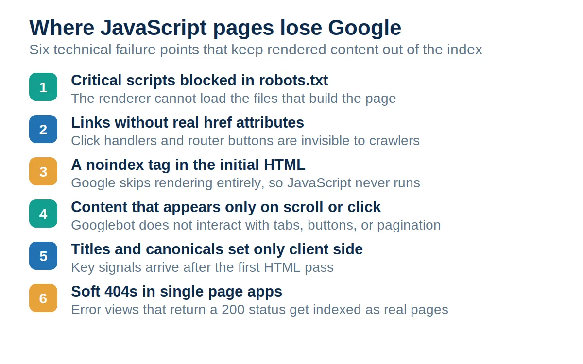 Numbered infographic of six technical failure points, including blocked scripts, links without href attributes, noindex tags in the initial HTML, interaction gated content, client side metadata, and soft 404 errors.