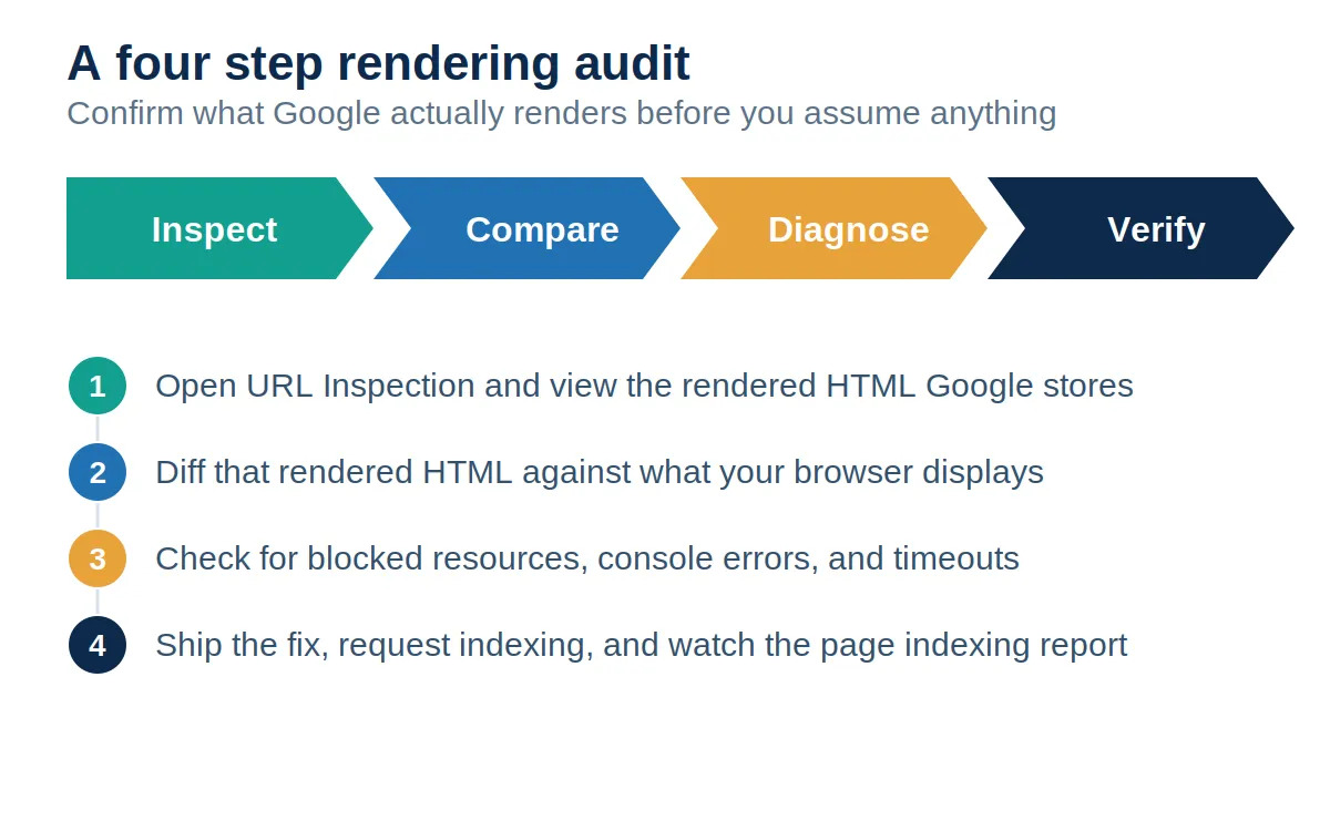 Four step chevron diagram of a rendering audit workflow covering inspect, compare, diagnose, and verify, with a numbered checklist of actions beneath each step.
