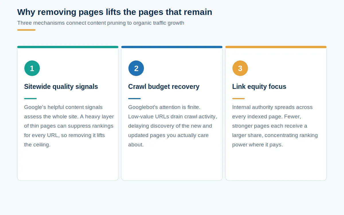 Three panel diagram explaining how content pruning lifts organic traffic through sitewide quality signals, crawl budget recovery, and concentrated link equity.