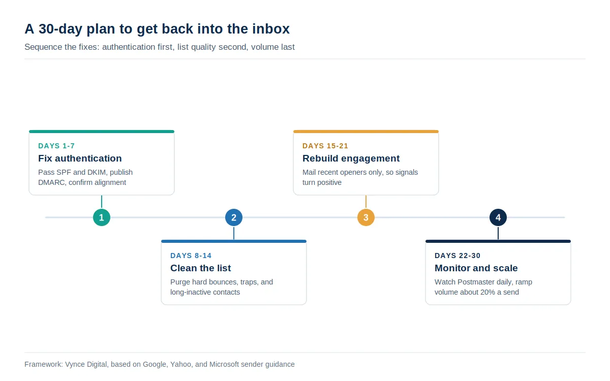 Timeline of a 30-day email deliverability recovery plan moving from authentication fixes to list cleaning, engagement rebuilding, and monitored volume scaling in weekly phases.