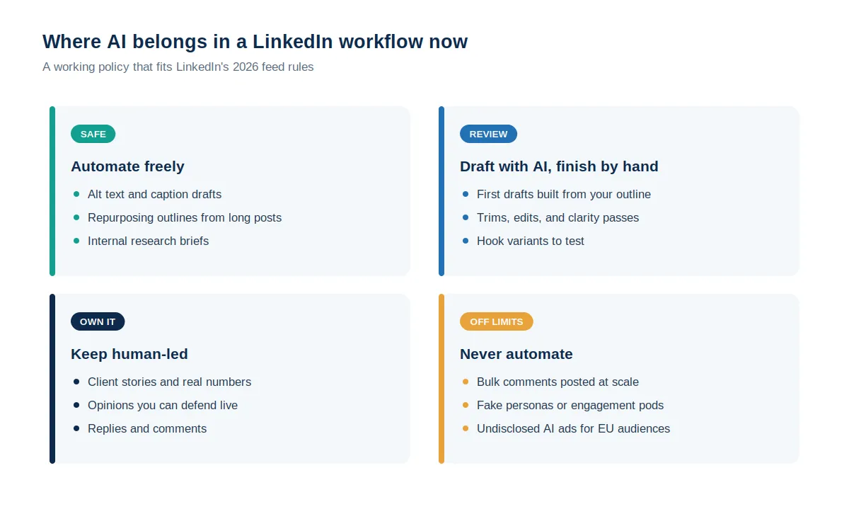 Four-quadrant policy grid sorting LinkedIn AI use into automate freely, draft with AI and finish by hand, keep human-led, and never automate zones with example tasks in each.