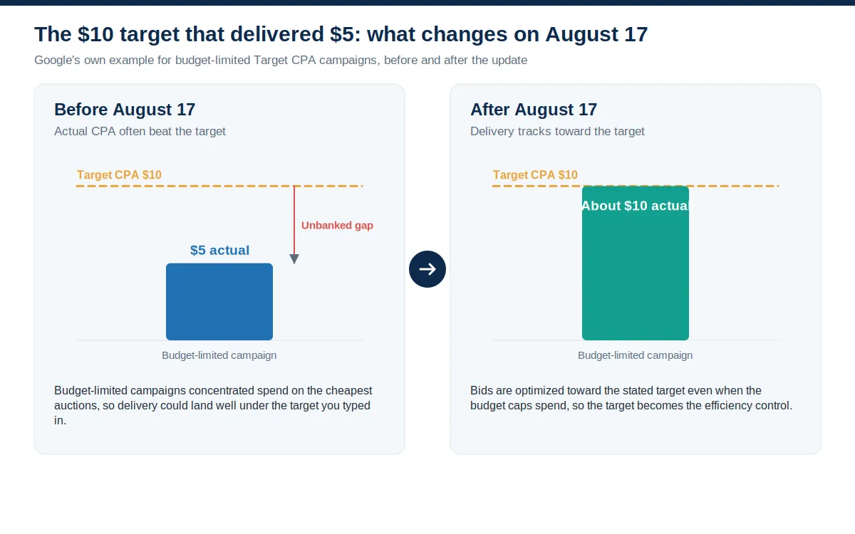 Two-panel comparison showing a budget-limited campaign delivering a $5 actual CPA against a $10 target before August 17, and delivering close to the $10 target after the update.