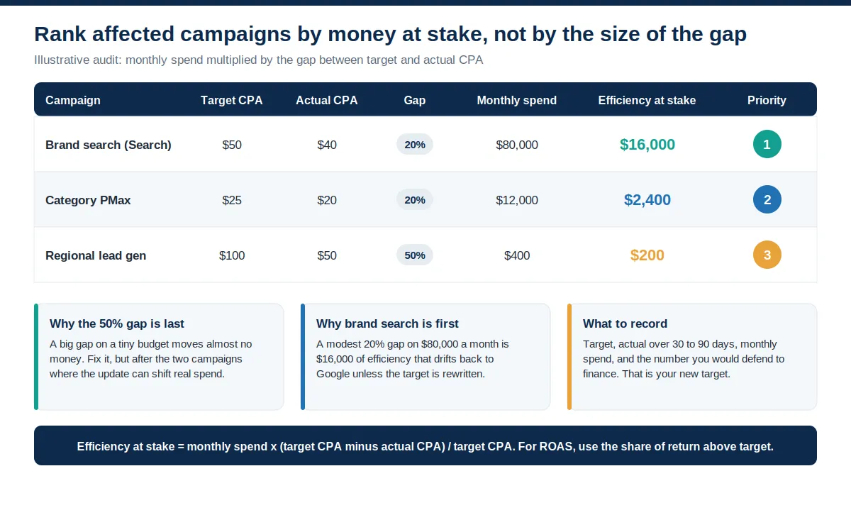 Ranked table of three illustrative campaigns showing target CPA, actual CPA, gap, monthly spend, and efficiency at stake, with brand search first at $16,000, category Performance Max second at $2,400, and regional lead gen third at $200, plus a formula strip.