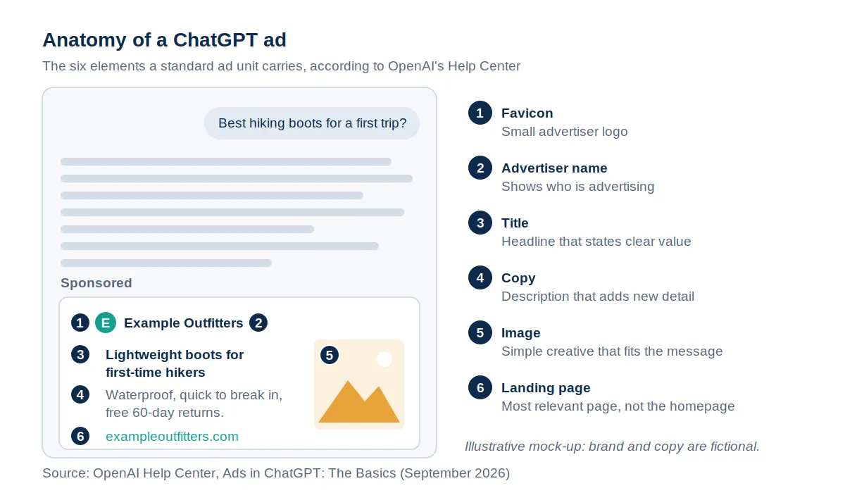 Mock-up of a ChatGPT answer with a sponsored ad card beneath it, with numbered markers identifying the favicon, advertiser name, title, copy, image, and landing page link.