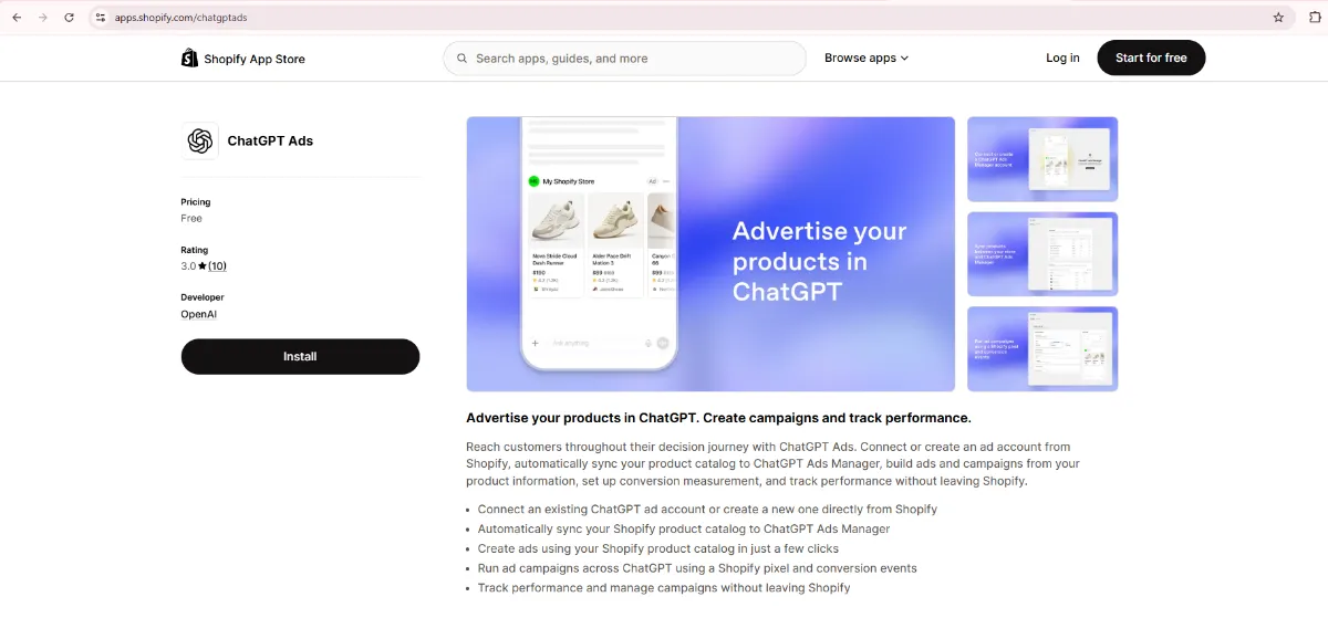 Screenshot of the ChatGPT Ads app listing in the Shopify App Store, showing the app name, its developer, a short description and the install button.