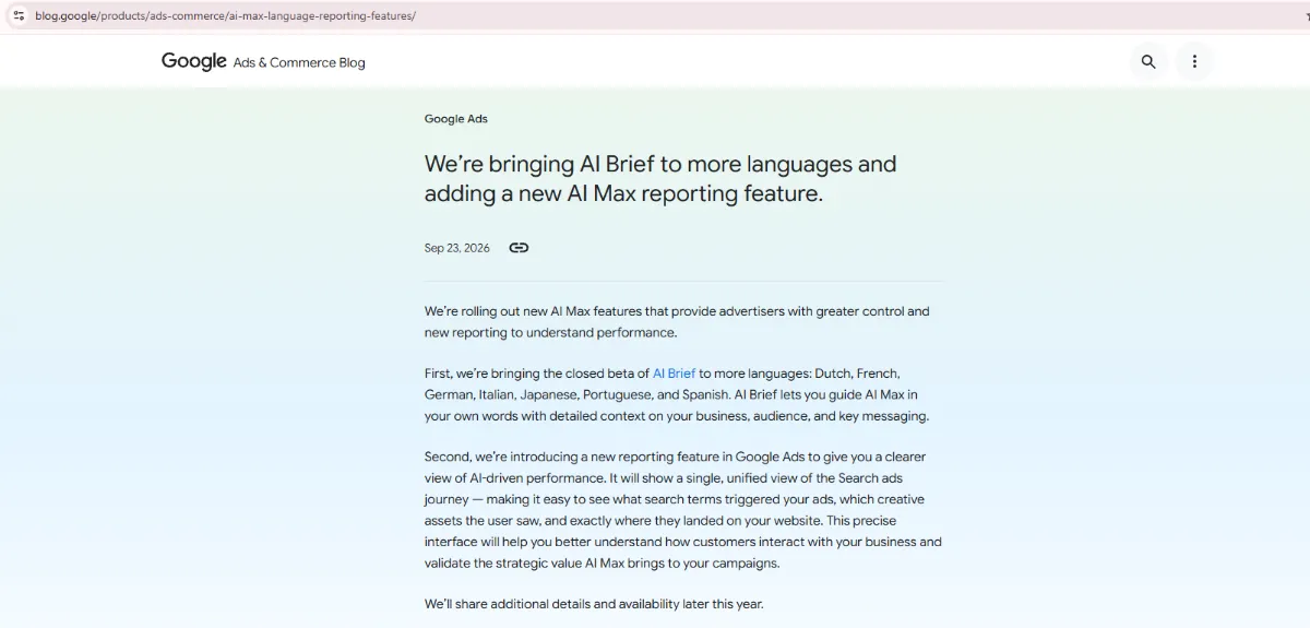 Google Ads & Commerce Blog article announcing AI Brief support for more languages and a new AI Max reporting feature.
