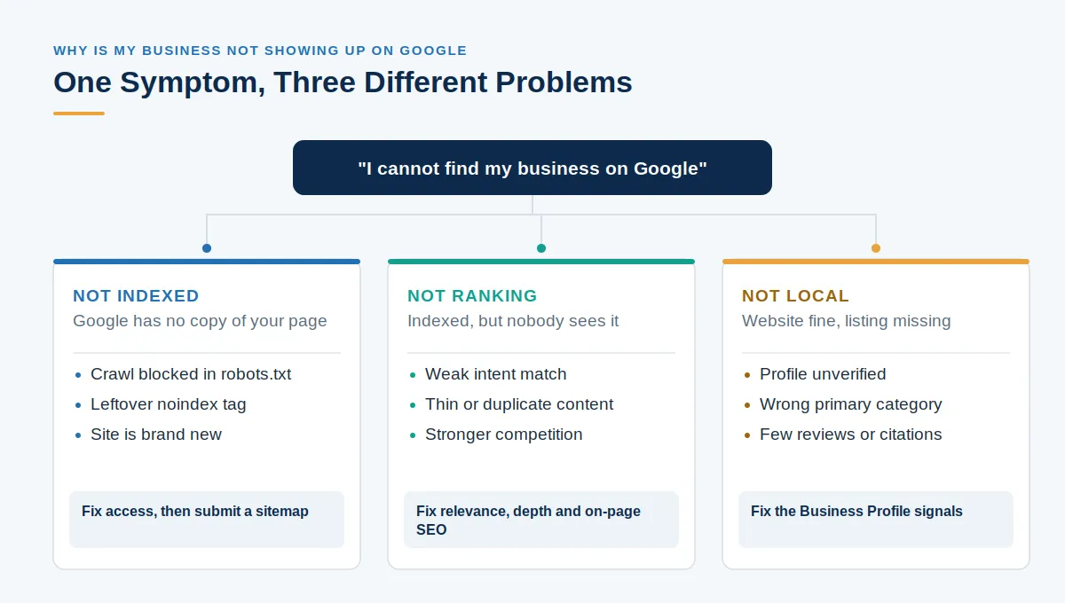 Branching diagram showing that the single complaint of a business not appearing on Google splits into three separate problems: not indexed, not ranking, and a Google Business Profile issue, each with its own set of causes and its own fix.