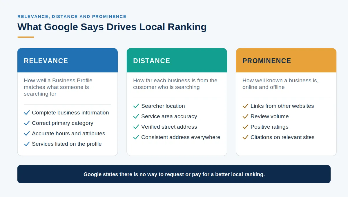 Three cards defining Google's named local ranking factors of relevance, distance, and prominence, each listing the profile signals that support it.