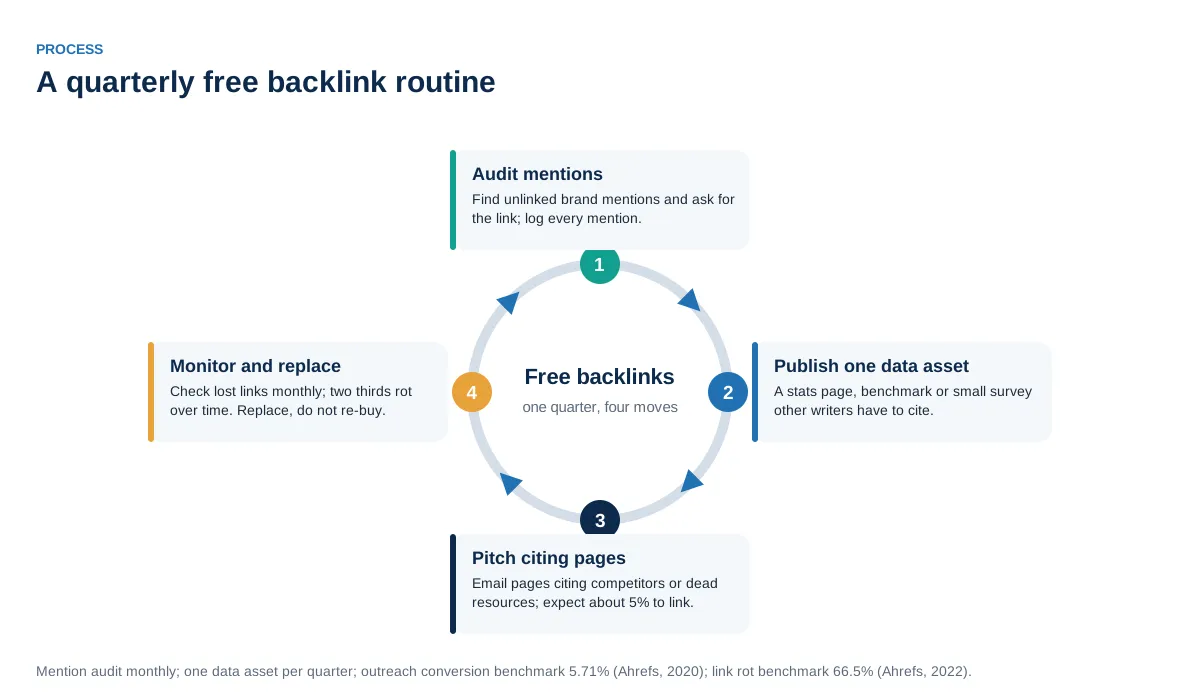 Circular process diagram of a quarterly free backlink routine with four steps: audit mentions, publish one data asset, pitch citing pages, and monitor and replace lost links.
