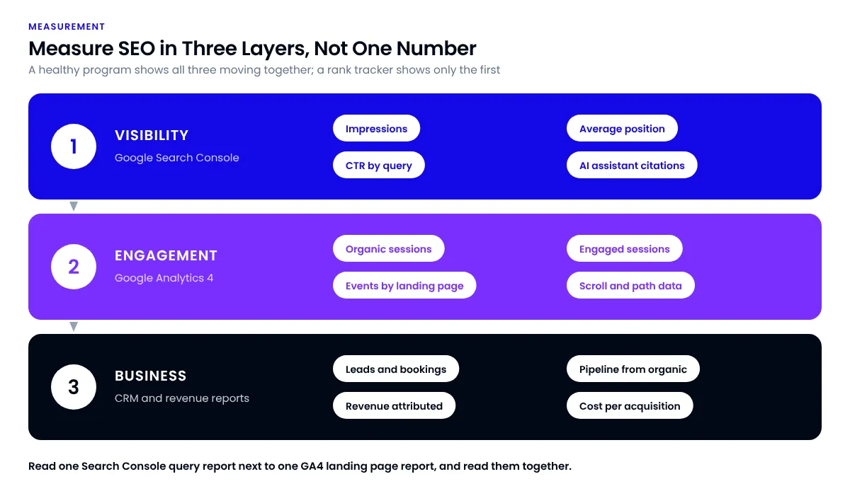 Three stacked bands for the visibility, engagement, and business measurement layers, each naming its tool and four metric chips, from Search Console impressions to revenue attributed in the CRM.